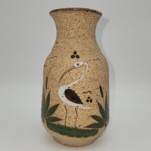 Tonala Folk Art Vase Sandstone 6 inches Tan Crane/ Leaves  Handpainted